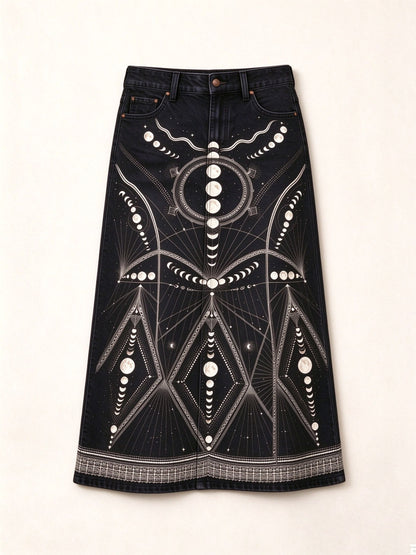 Moon Phase Ankle-Length Denim Skirt
