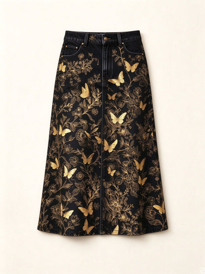 Golden Wings Ankle-Length Denim Skirt