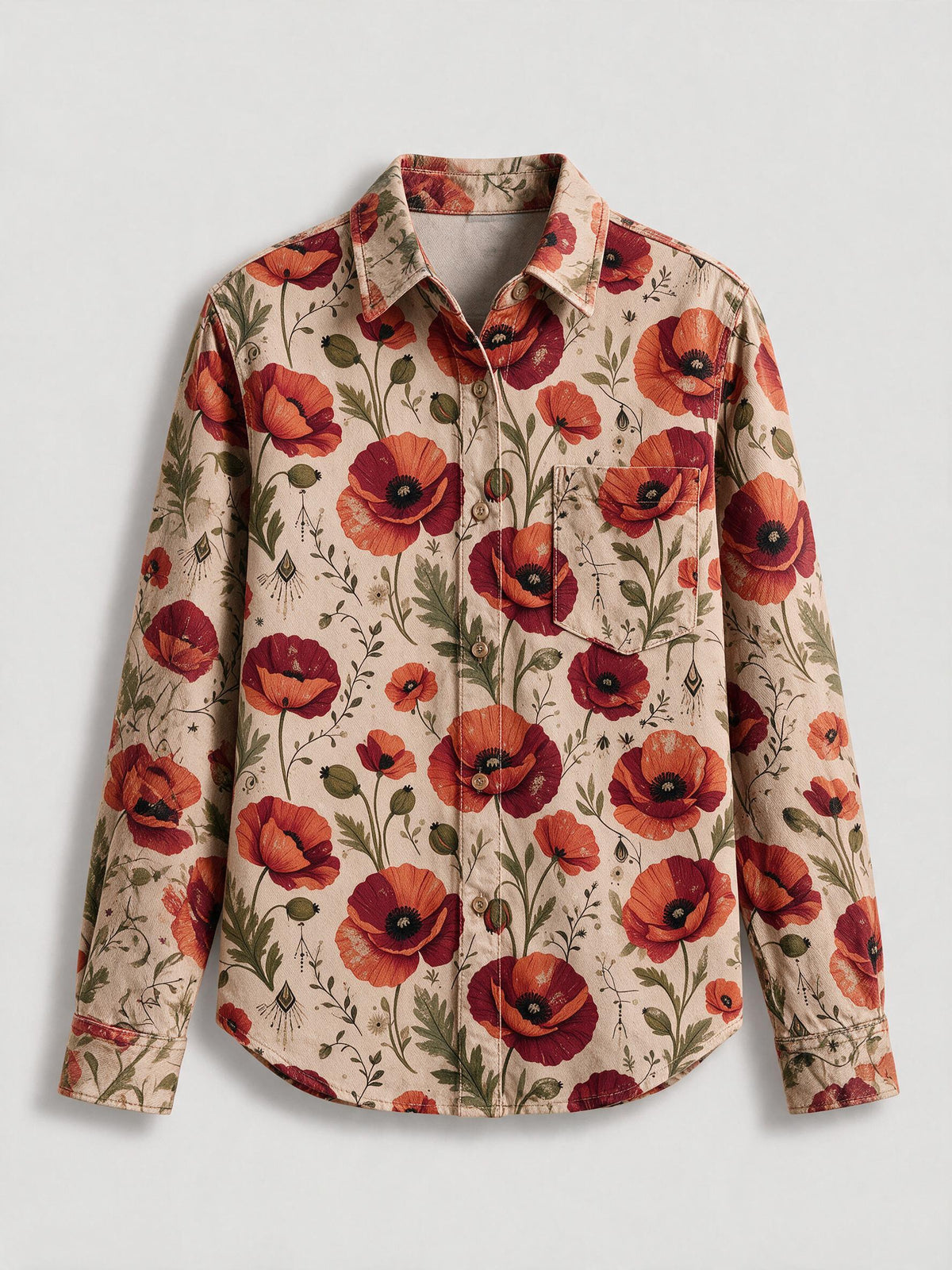 Prairie Poppy Scatter Long Sleeve Denim Shirt