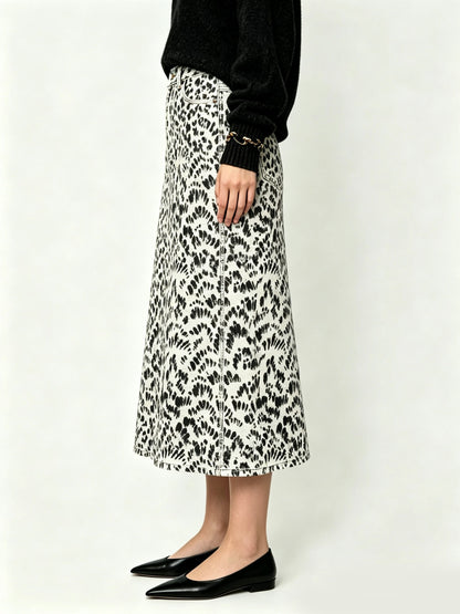 Wild Leopard Ankle-Length Denim Skirt
