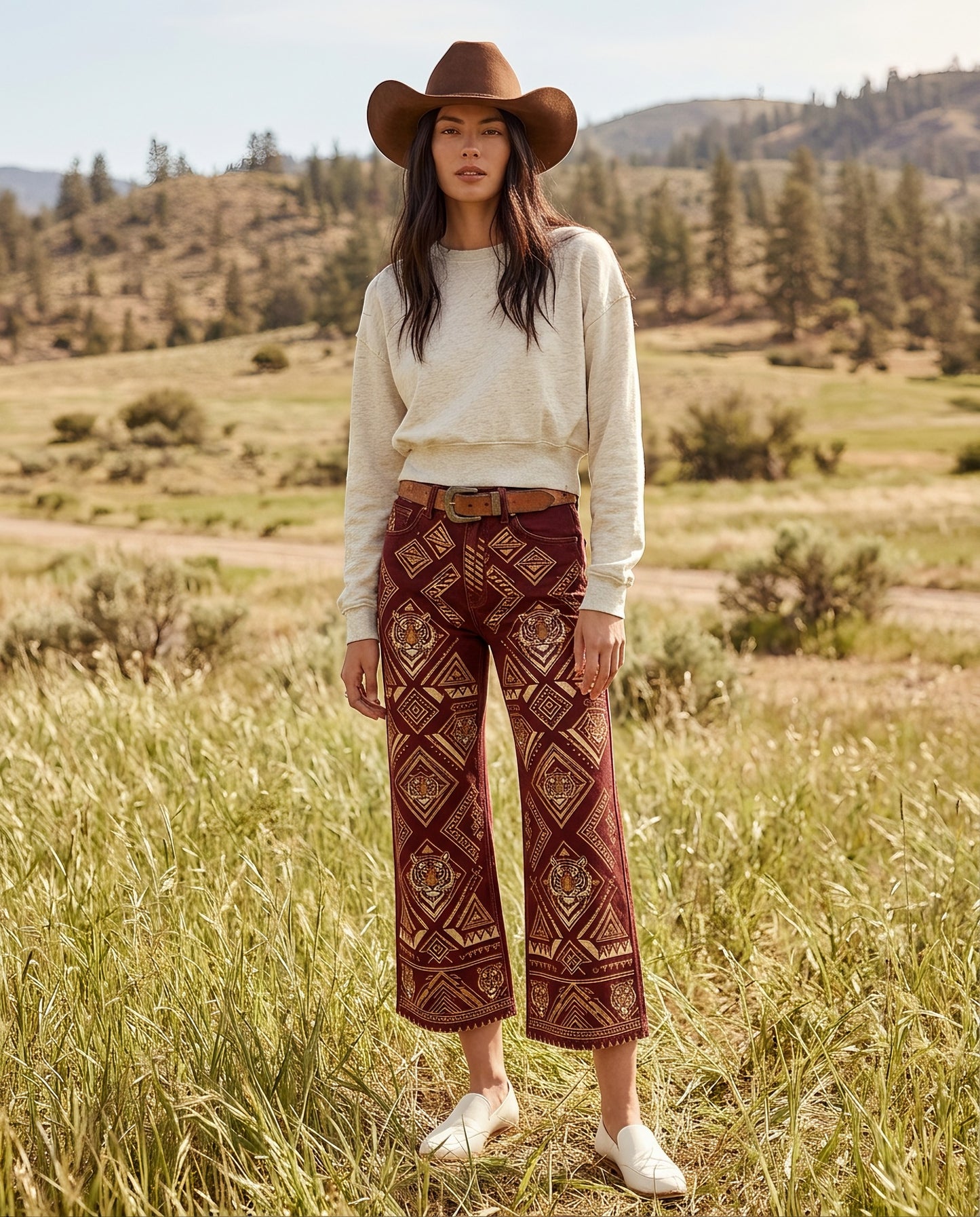 Tiger Ridge Maroon Wide-Leg Cropped Pants