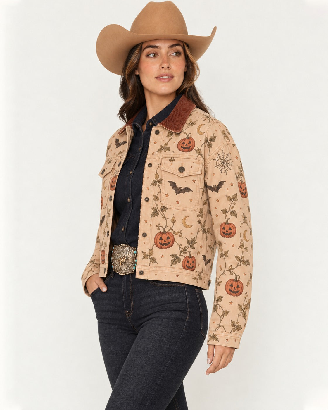 Pumpkin Prairie Tan Cropped Denim Jacket