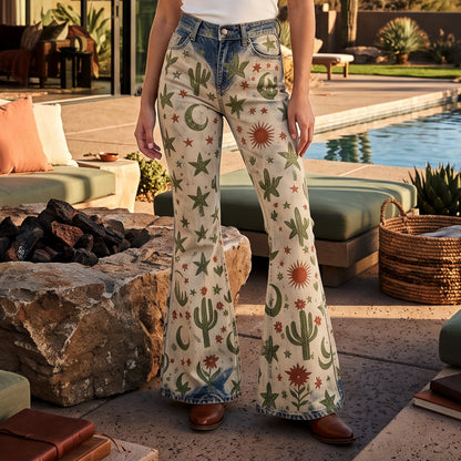 Desert Mirage Beige Botanical Flare Jeans