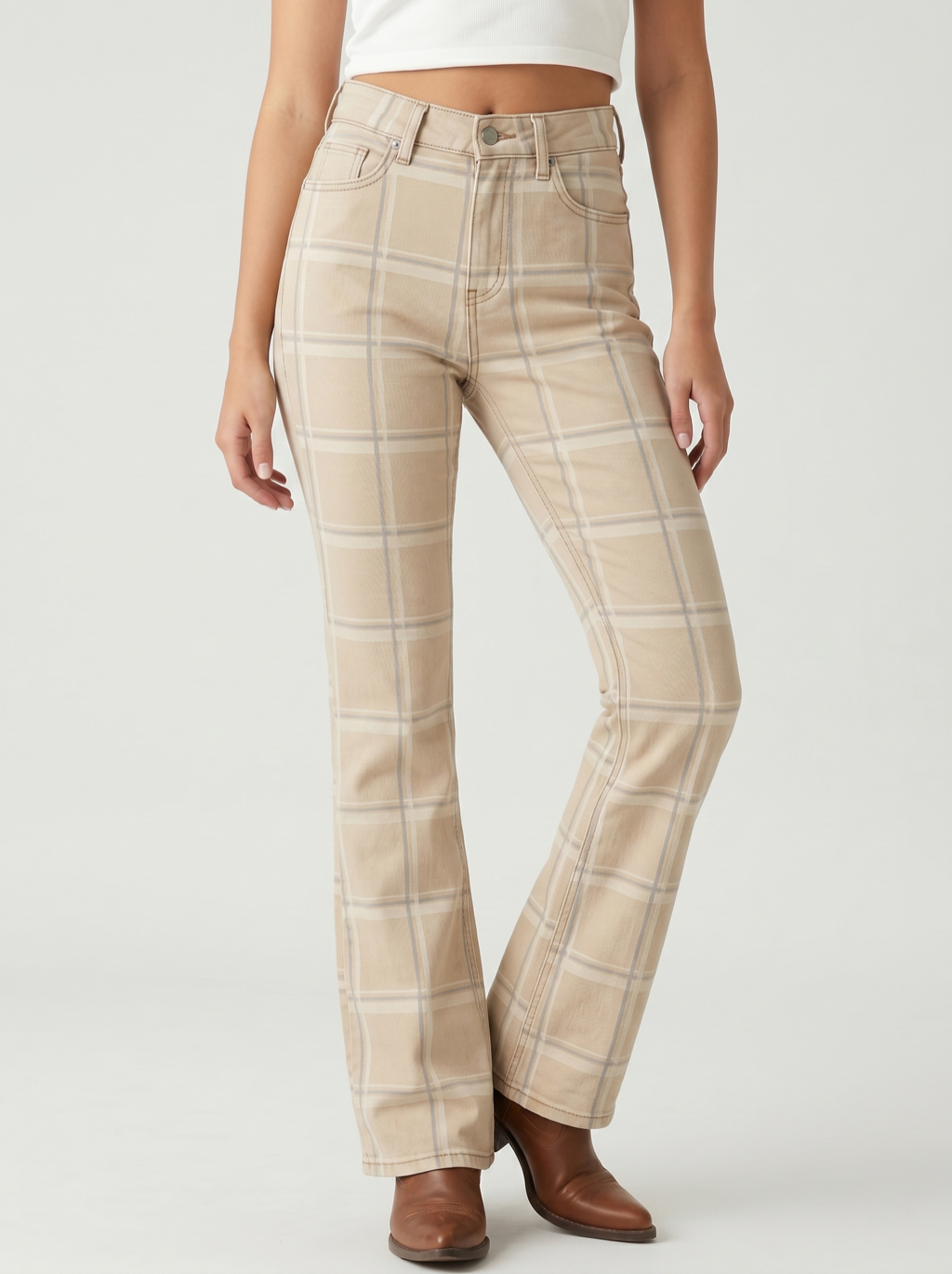 Plaid Ridge Beige Bootcut Jeans – Front View – Riley – Beige