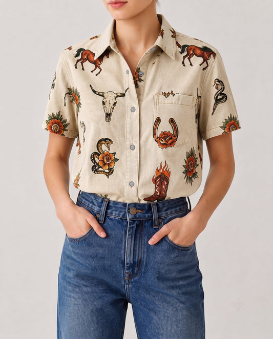 Horsehide Hollow Short Sleeve Denim Shirt