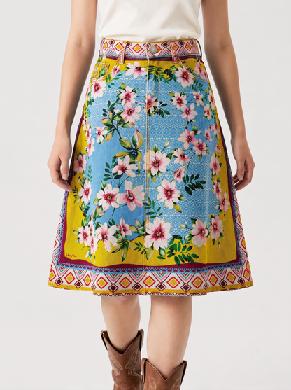 Lariat Thistle Light RB-SKT03 – Front View – Riley – Light blue denim with vibrant yellow border