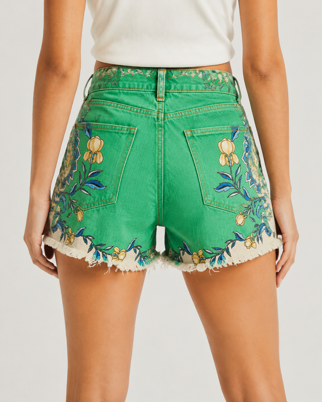 Desert Bloom Denim Shorts – Back View – Riley – Emerald Green