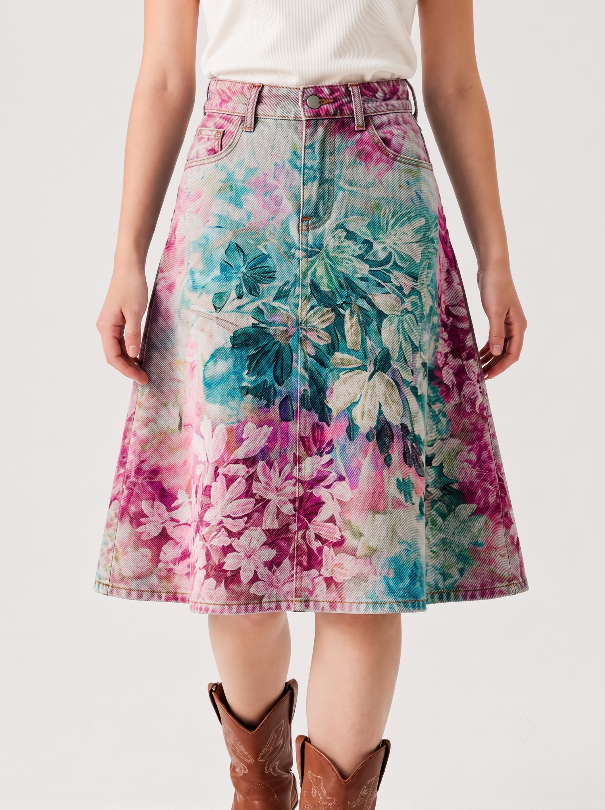 Prairie Spur Multicolored RB-SKT03 – Front View – Riley – Multicolored wash with pastel pink, teal, and lavender tones