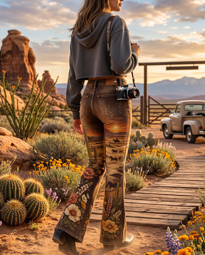 Desert Bloom Brown Floral 3 Bootcut Jeans
