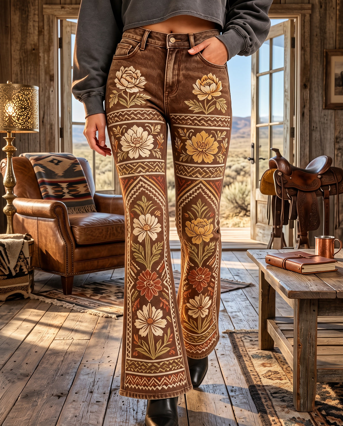 Desert Bloom Brown Floral 2 Bootcut Jeans