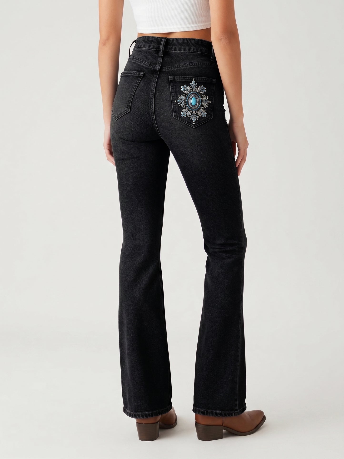 Chocolate Ornate Scroll Bootcut Jeans – Back View – Riley – Chocolate Brown