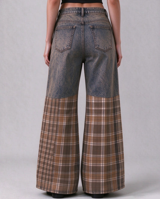 Prairie Plaid Patchwork Wide-Leg Jeans