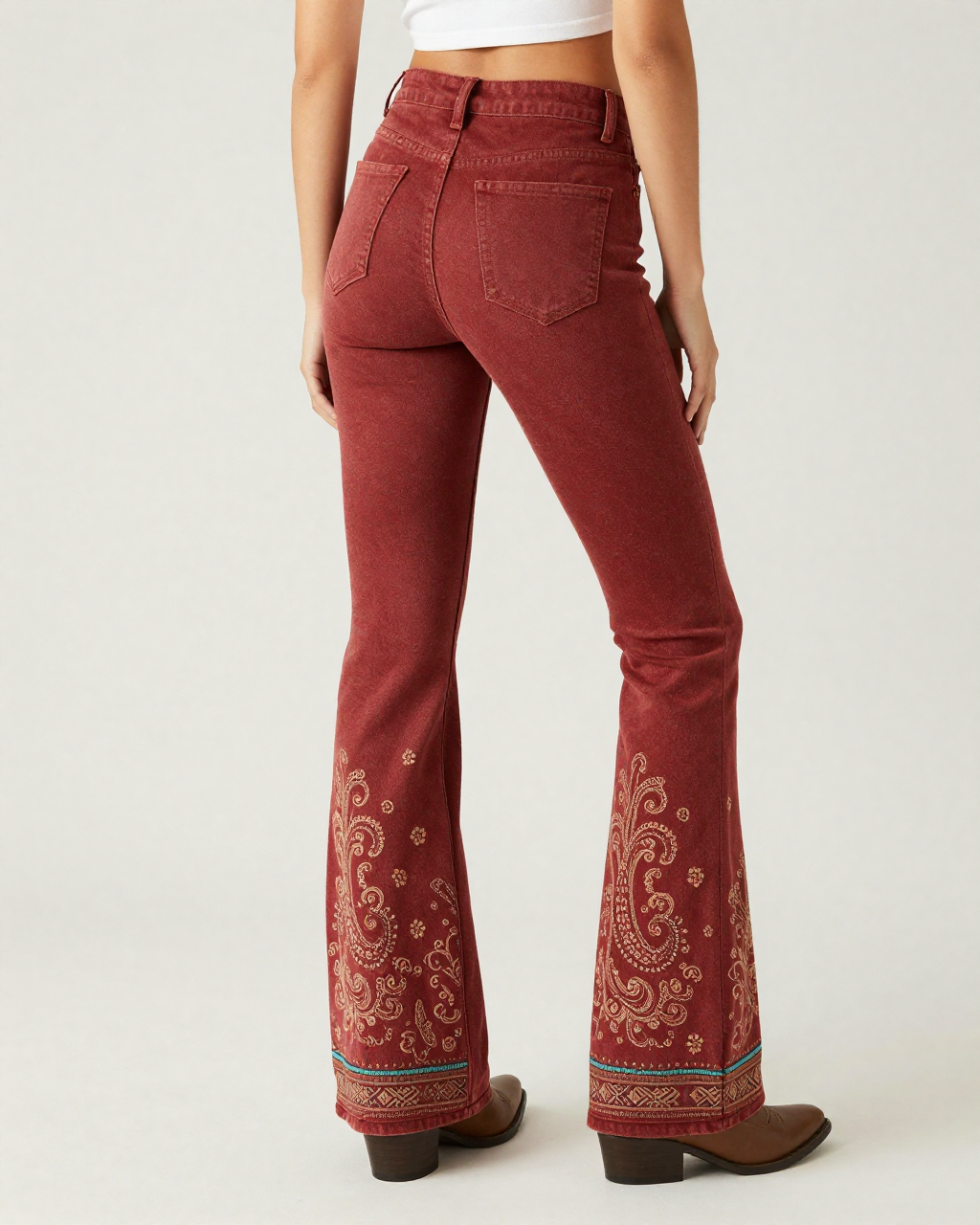 Rust Paisley Hem Bootcut Jeans – Back View – Riley – Rust Red
