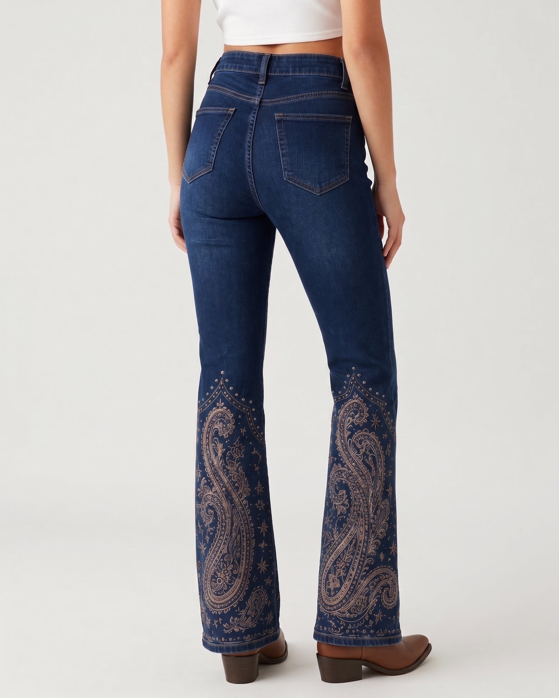 Sapphire Scroll Hem Bootcut Jeans – Back View – Riley – Medium Blue