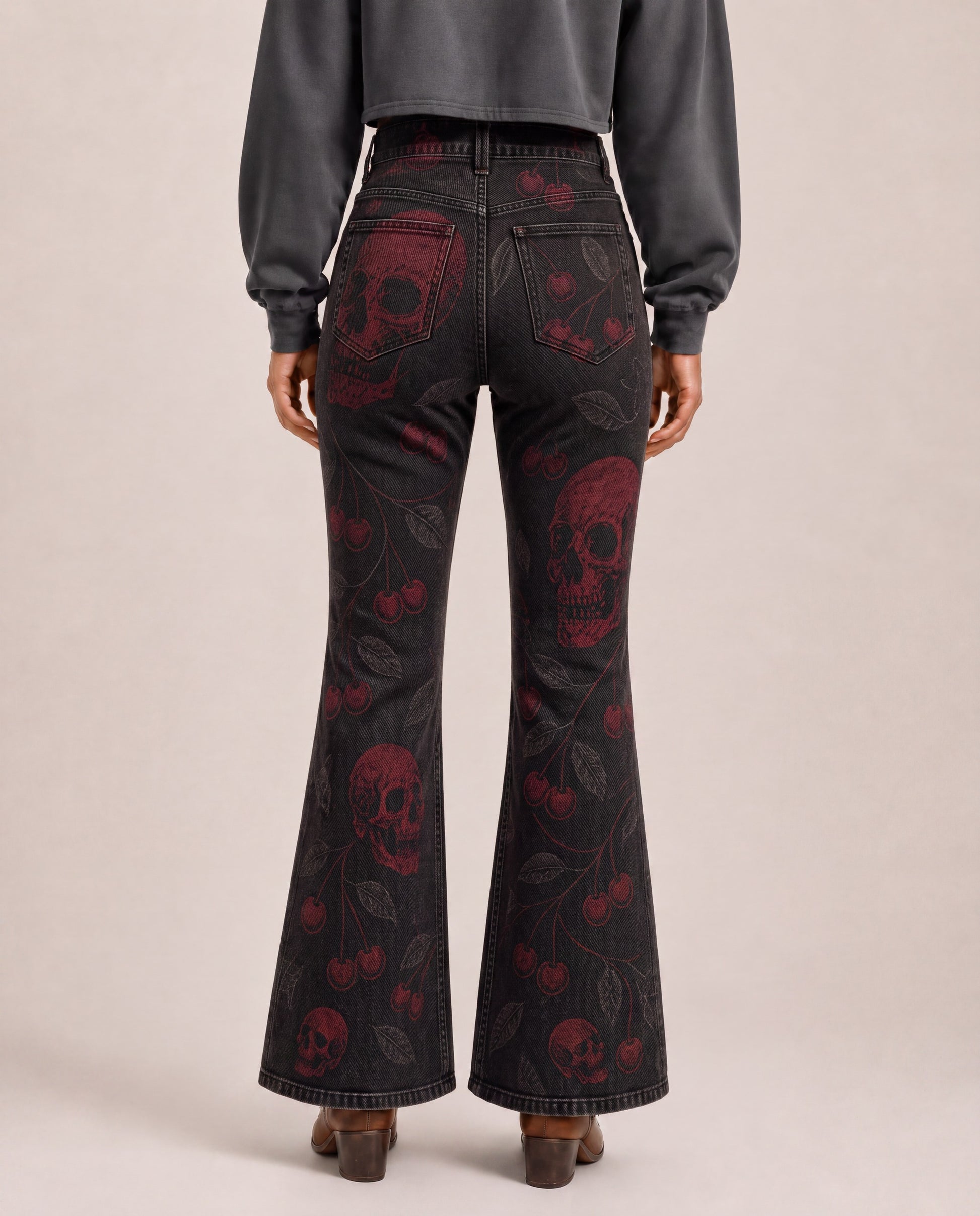 Skull & Cherry Bootcut Jeans – Back View – Riley – black, red