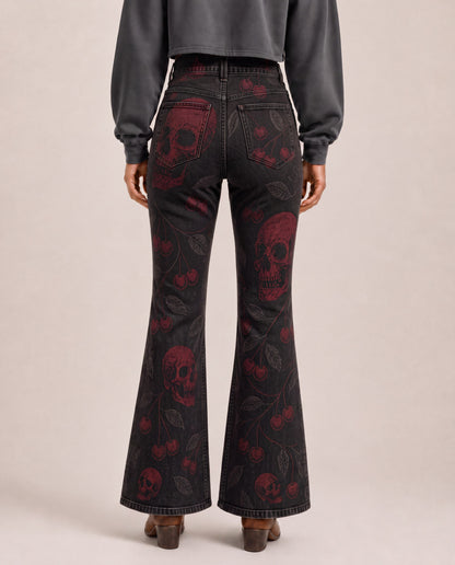 Skull & Cherry Bootcut Jeans – Back View – Riley – black, red