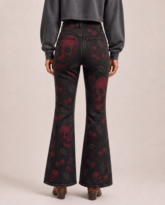 Skull & Cherry Bootcut Jeans – Back View – Riley – black, red