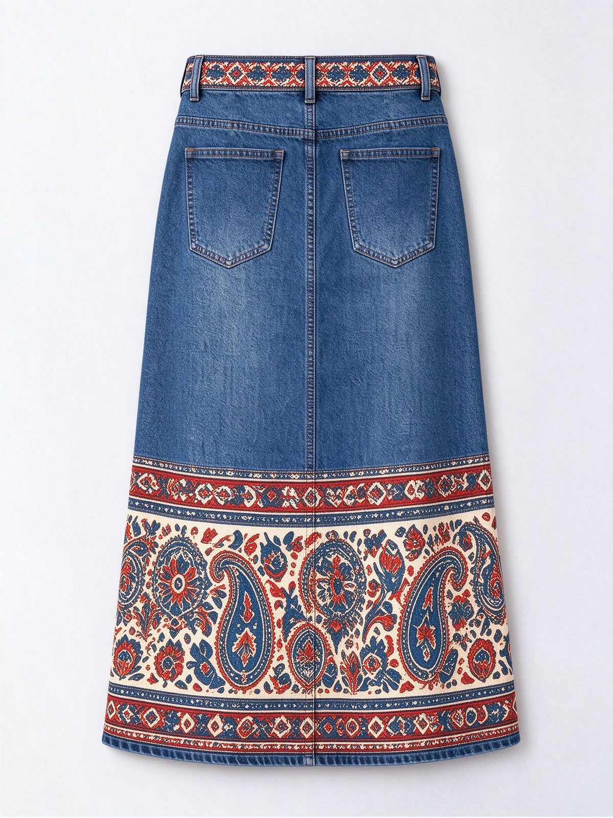 Prairie Paisley Band Denim Midi Skirt