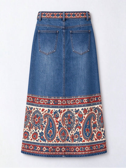 Prairie Paisley Band Denim Midi Skirt