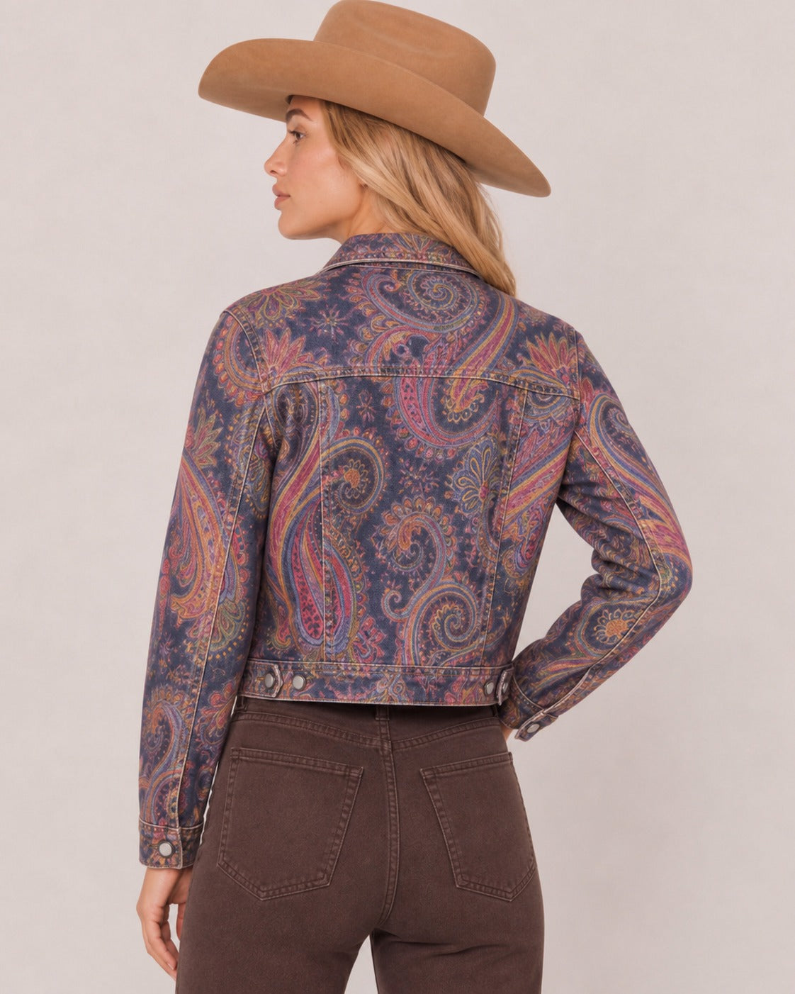 Prairie Mirage Navy RB-JKT01 – Back View – Riley – navy blue, rust orange, mustard yellow, deep red