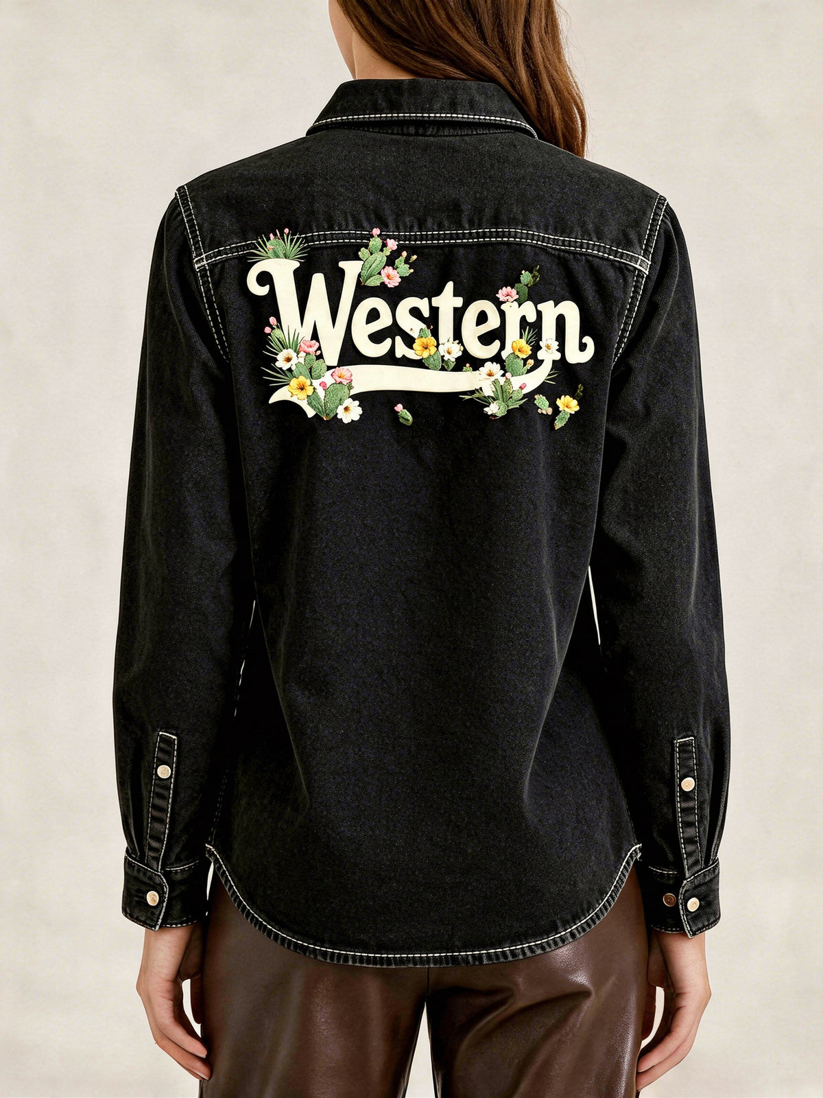 Midnight Desert Rose Long Sleeve Denim Shirt