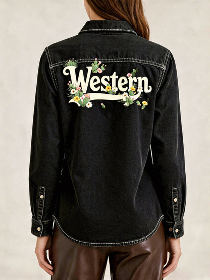 Midnight Desert Rose Long Sleeve Denim Shirt