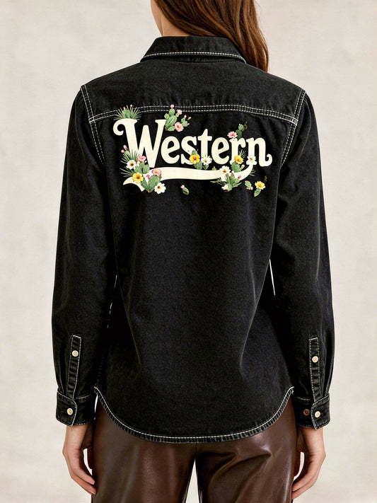 Midnight Desert Rose Long Sleeve Denim Shirt