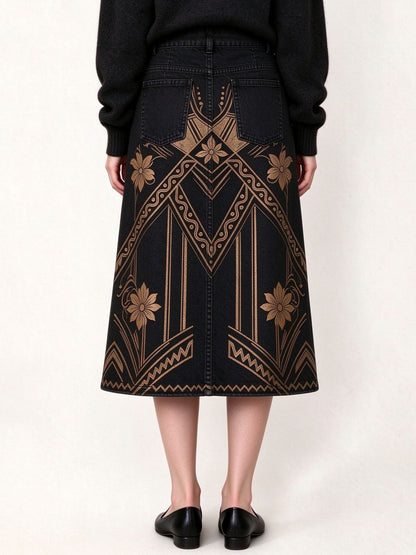 Desert Tribal Ankle-Length Denim Skirt