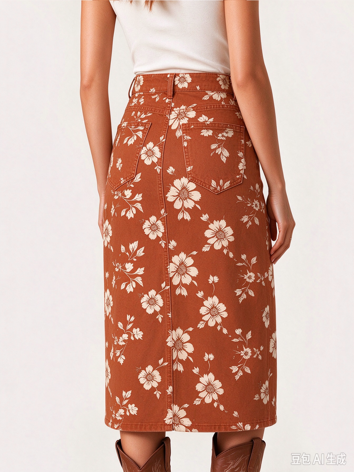 Desert Bloom 026 Western Denim Midi Skirt – Back View – Riley – Terracotta