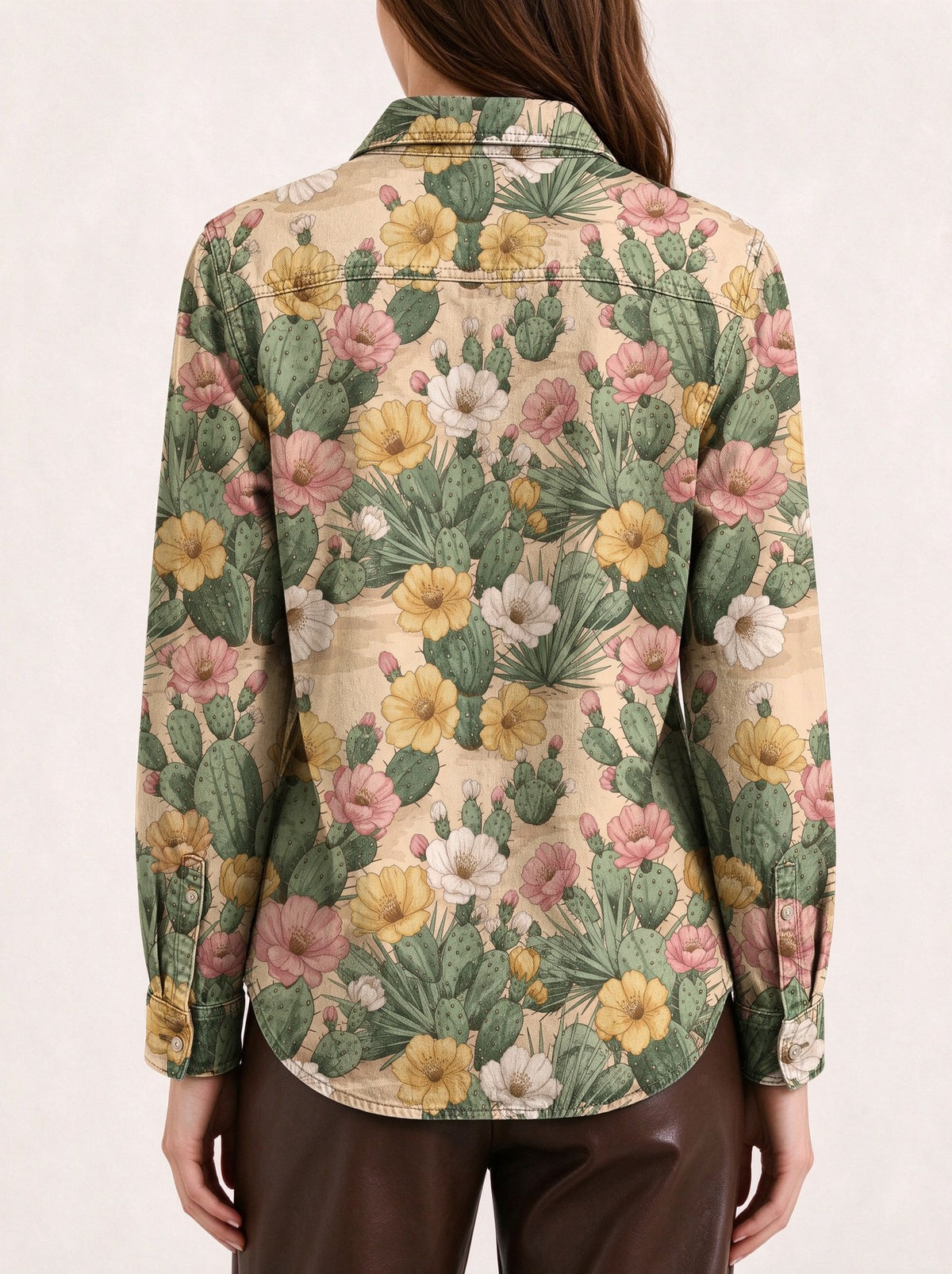 Desert Cactus Bloom Long Sleeve Denim Shirt
