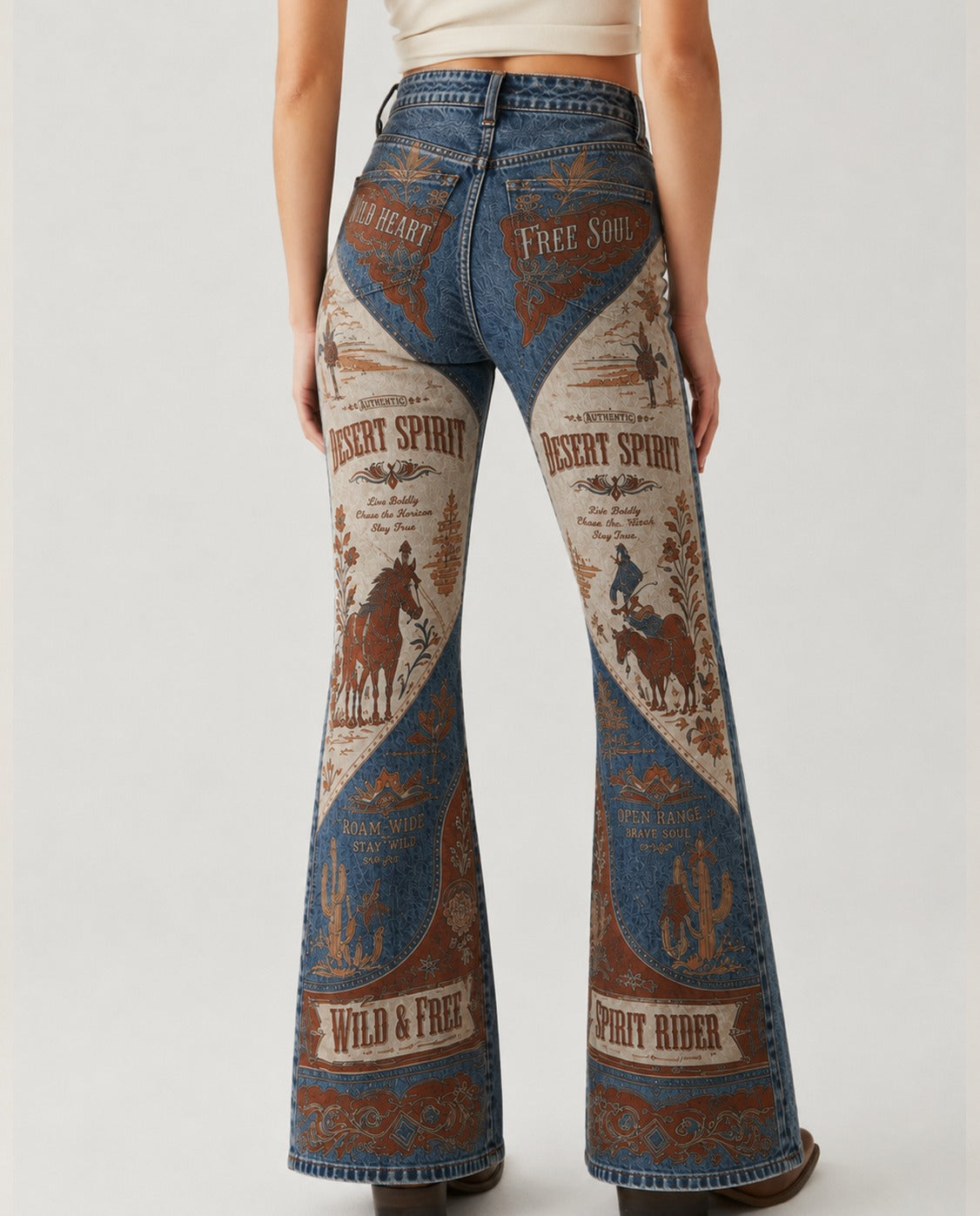 Desert Spirit Rider Bootcut Jeans – Back View – Riley – blue, brown, beige