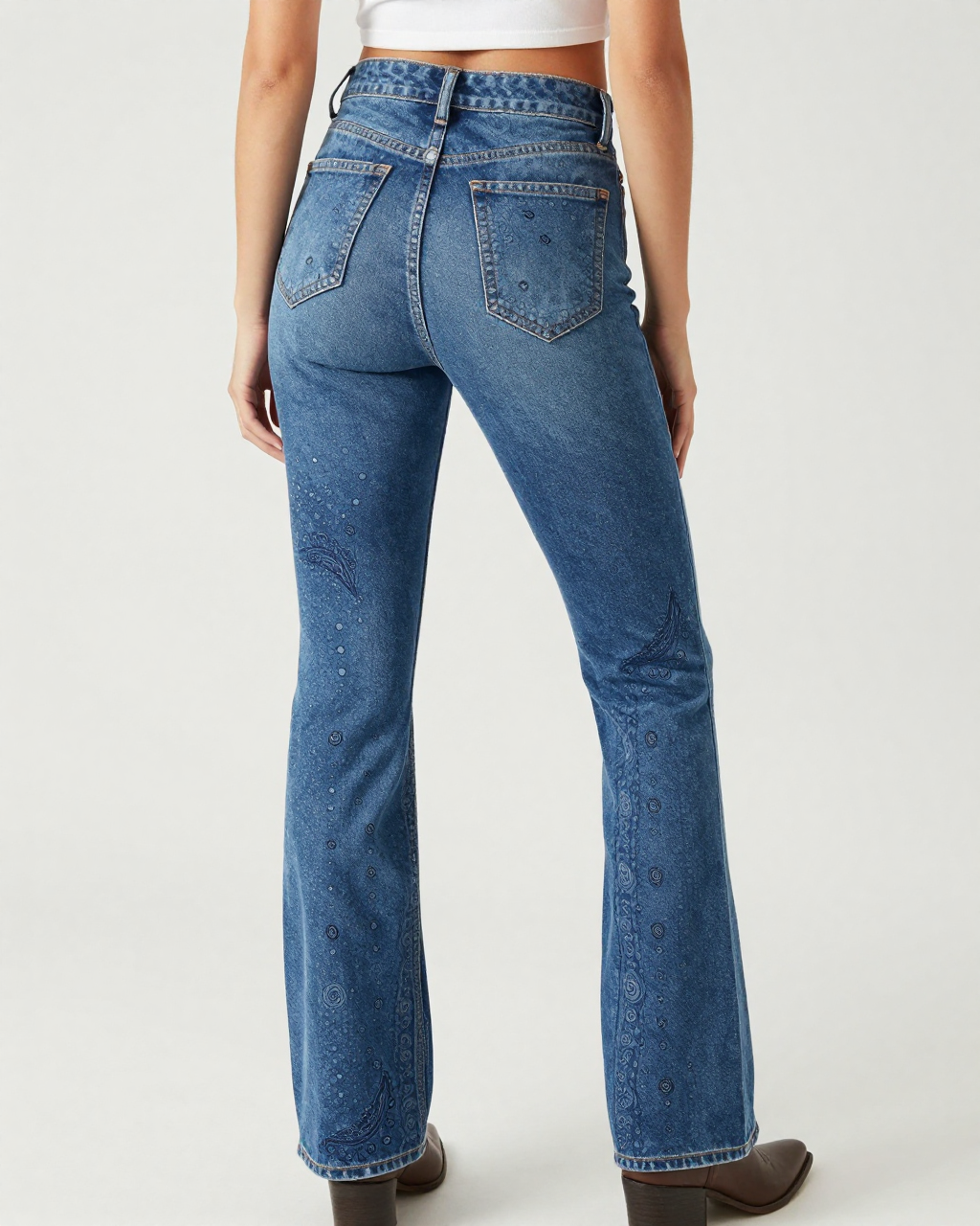 Tone-on-Tone Denim Bandana Bootcut Jeans – Back View – Riley – Denim Blue / Indigo