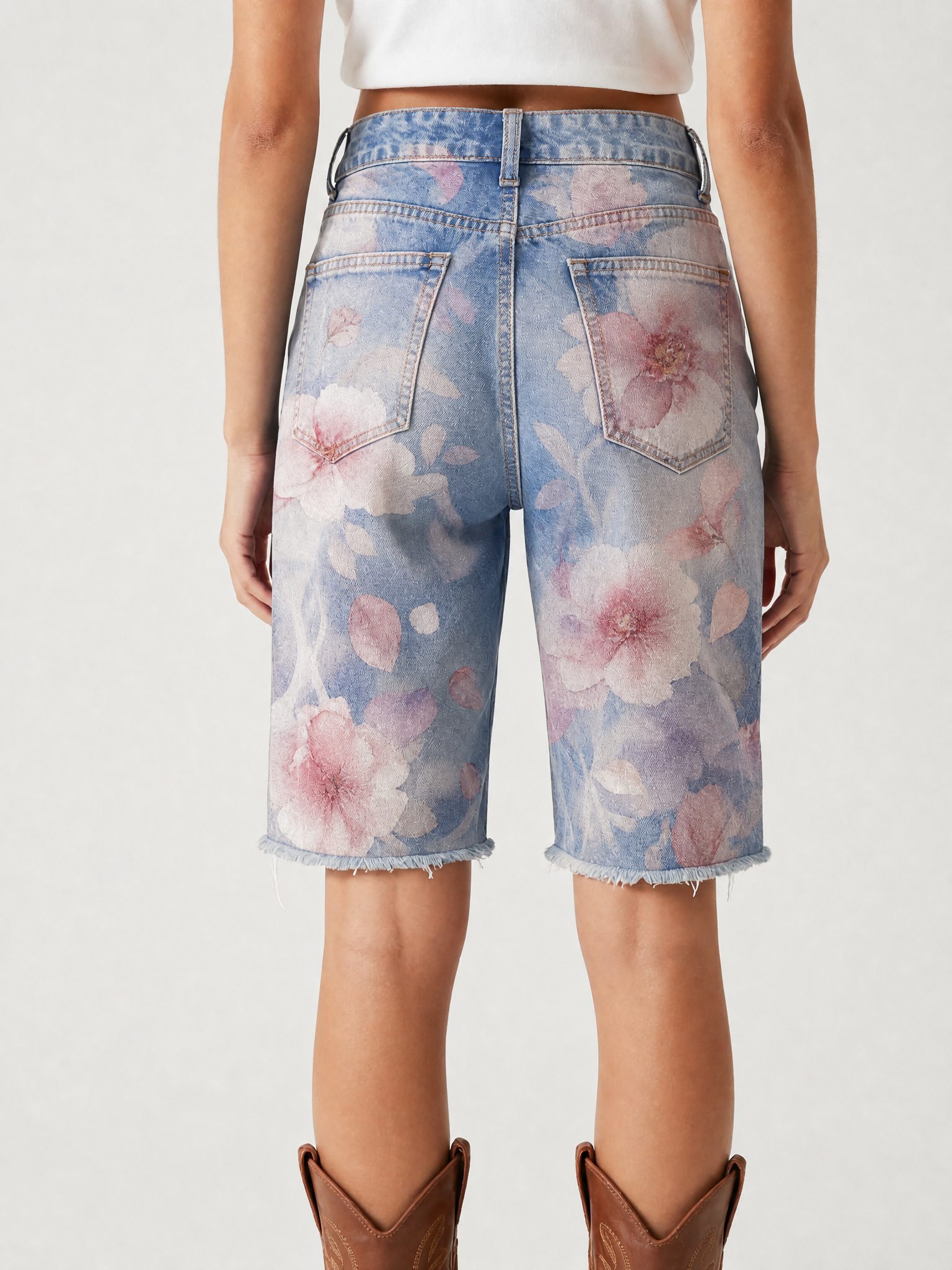 Sapphire Scroll AOP Denim Shorts – Back View – Riley – Medium Blue
