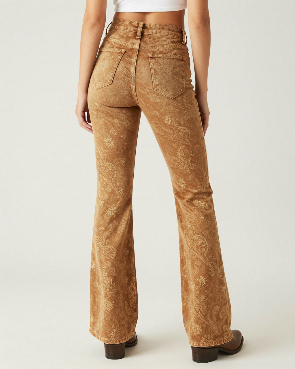 Caramel Paisley AOP Bootcut Jeans – Back View – Riley – Caramel Brown