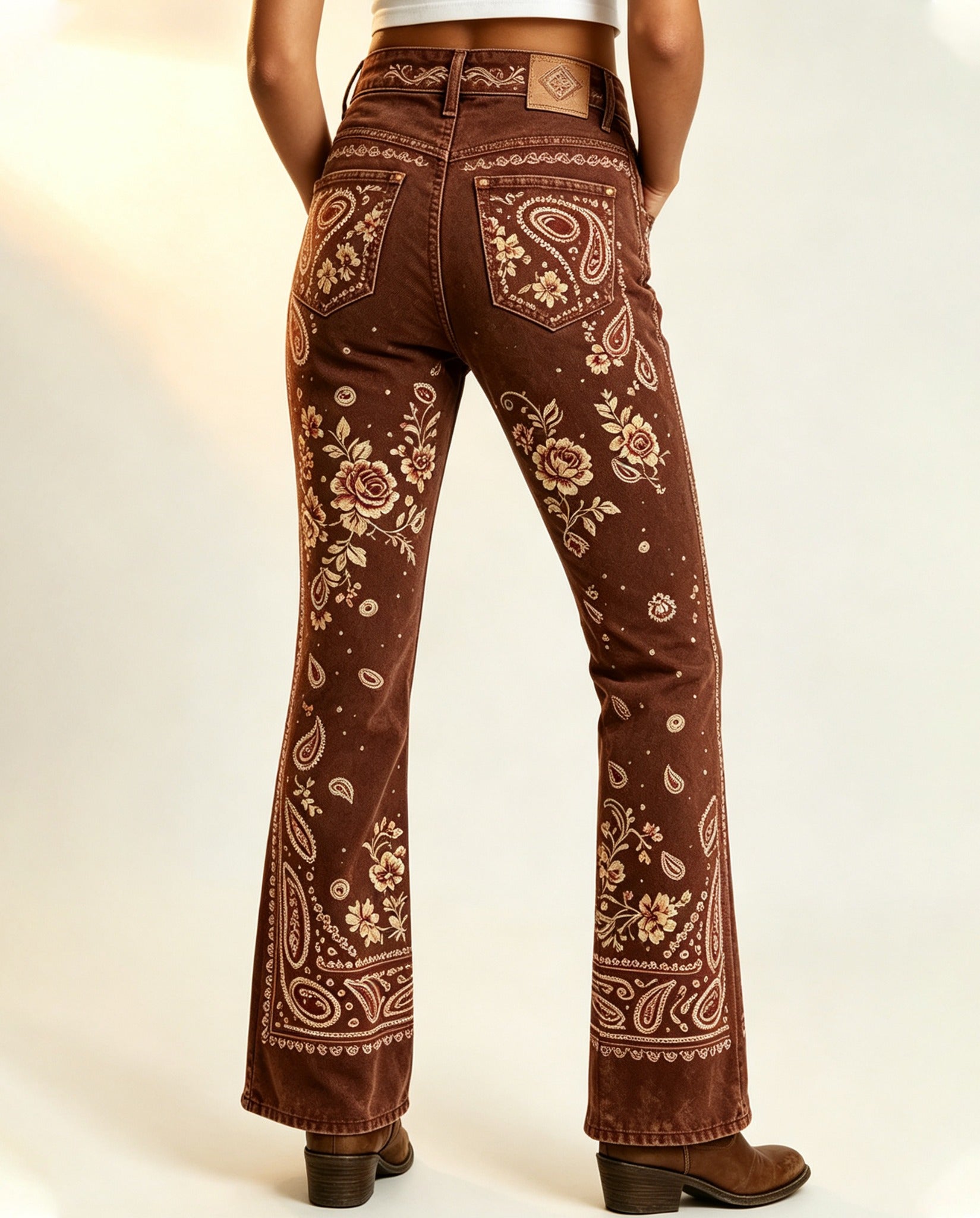 Desert Bloom Brown Floral Bootcut Jeans – Back View – Riley – brown