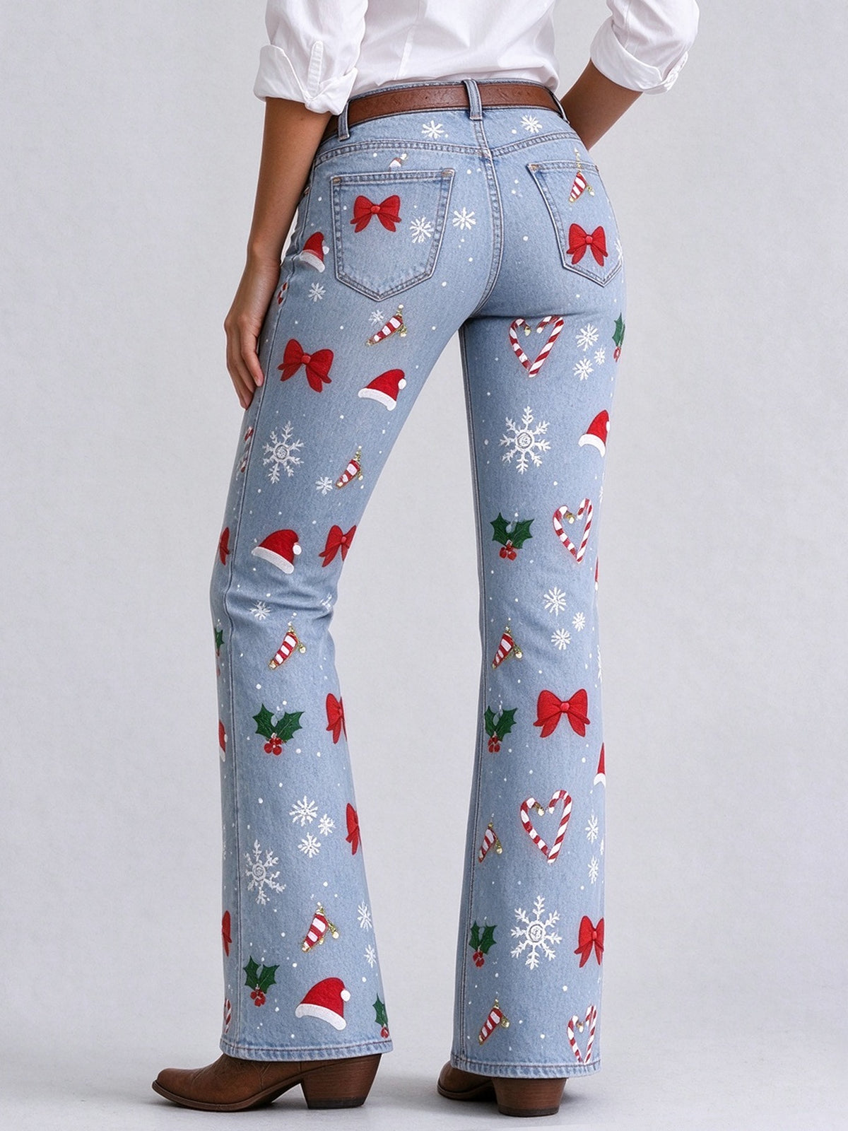 Ranch Christmas Bows Low-Rise Bootcut Jeans