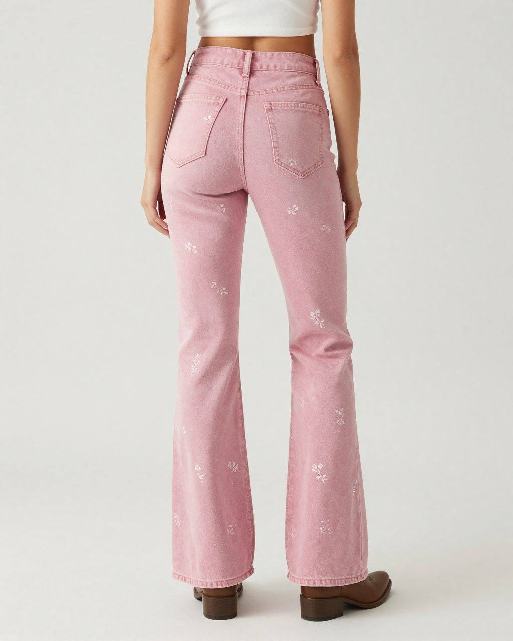 Rose Scattered Floral Bootcut Jeans – Back View – Riley – Light Rose