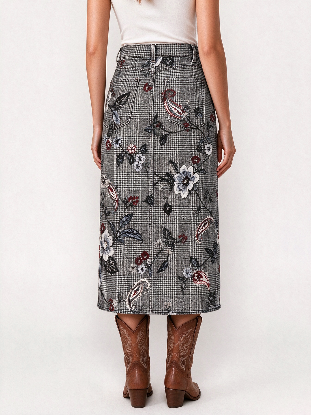 Prairie Bloom 027 Western Denim Midi Skirt – Back View – Riley – Gray