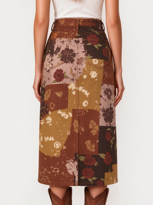 Desert Bloom Brown Western Denim Midi Skirt – Back View – Riley – Brown