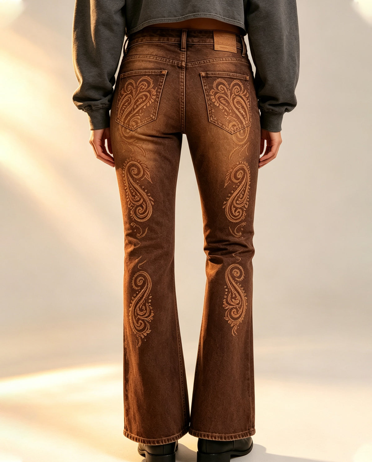 Prairie Whirl Brown Bootcut Jeans – Back View – Riley – brown