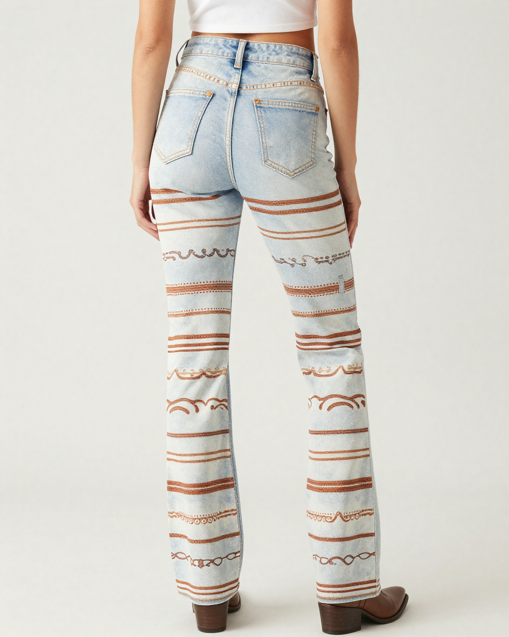 Stirrup Stripe Bootcut Jeans – Back View – Riley – White / Brown