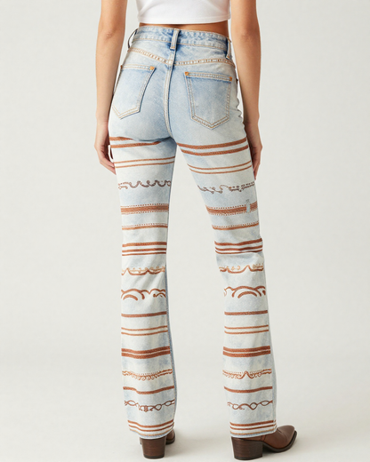 Stirrup Stripe Bootcut Jeans – Back View – Riley – White / Brown