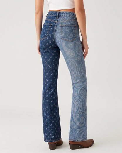 Teal Scroll Symmetry Bootcut Jeans – Back View – Riley – Medium Blue
