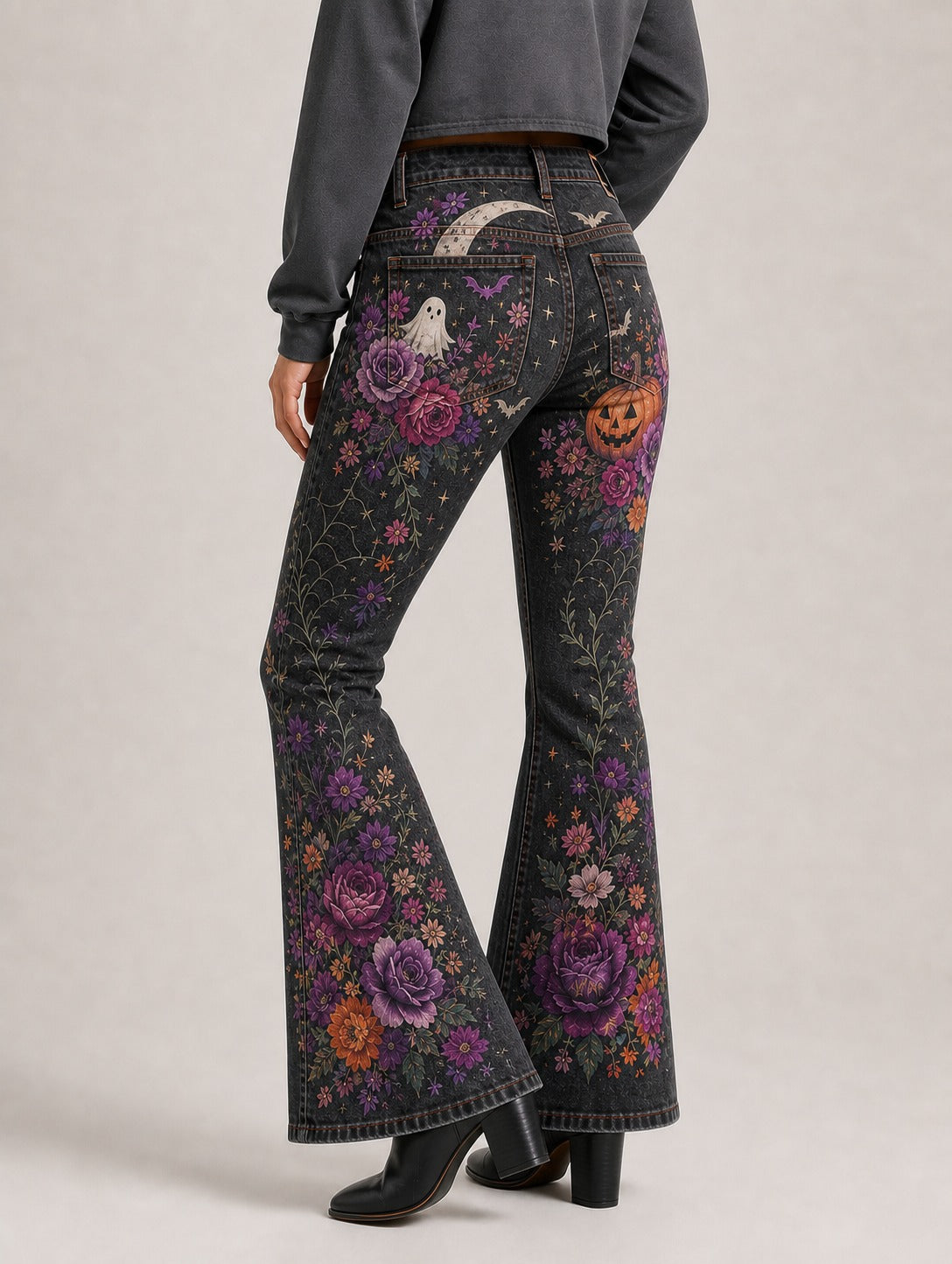 Midnight Harvest Bootcut Jeans – Back View – Riley – black, purple, orange