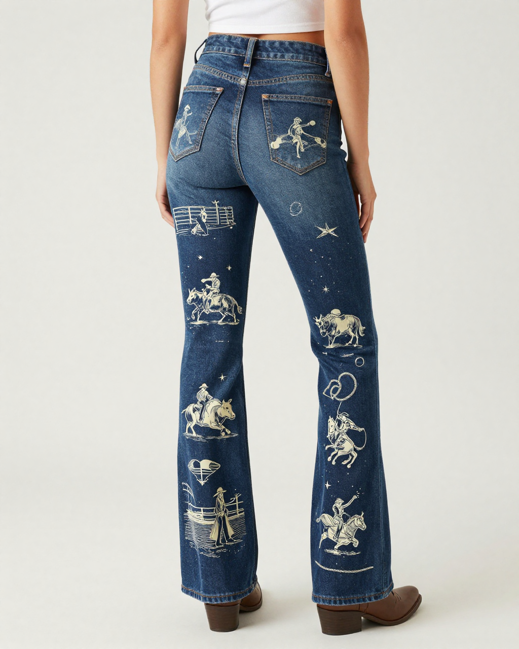 Rodeo Toile Navy Bootcut Jeans – Back View – Riley – Navy / White