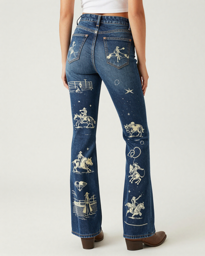 Rodeo Toile Navy Bootcut Jeans – Back View – Riley – Navy / White