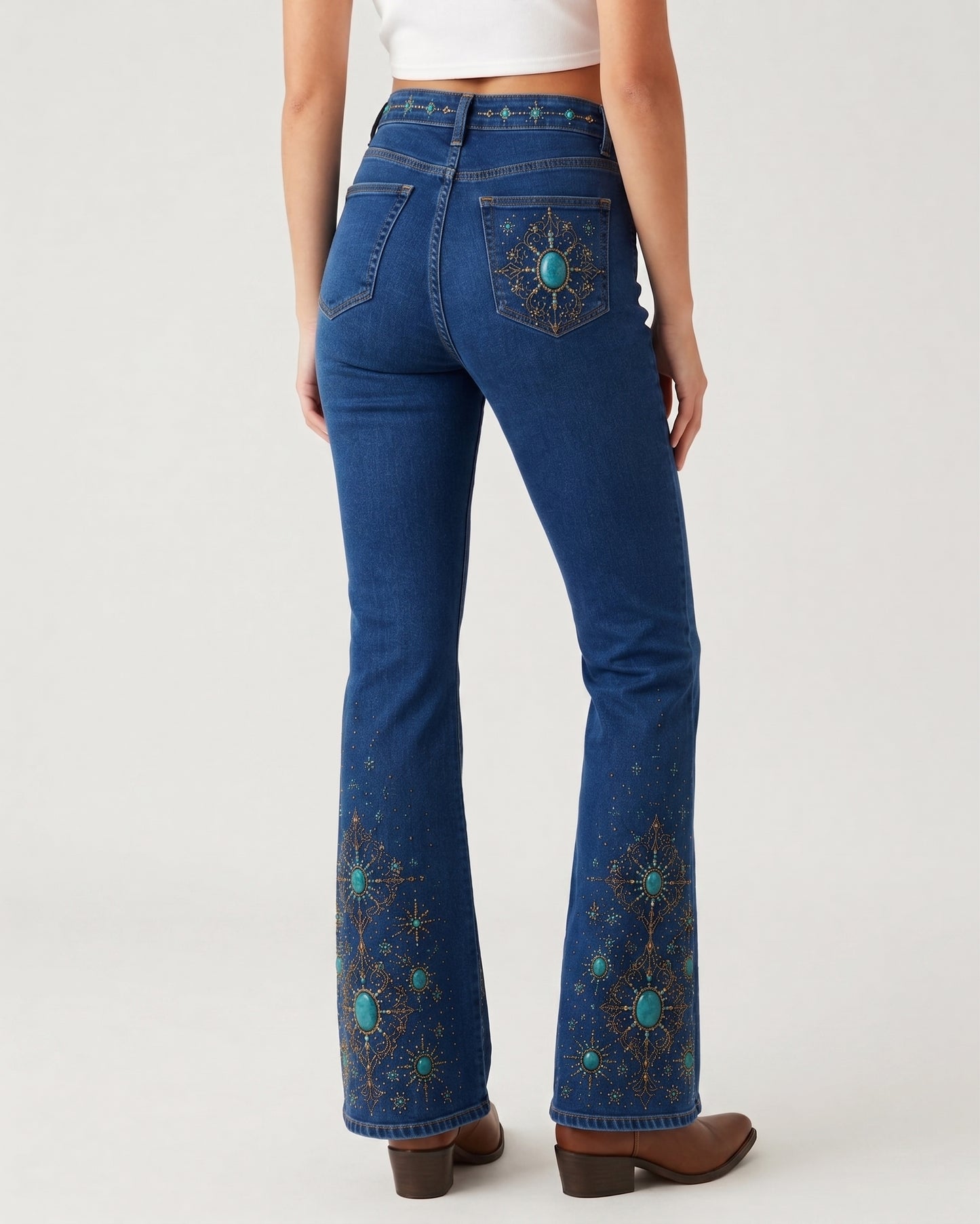 Aqua Paisley AOP Bootcut Jeans – Back View – Riley – Aqua Blue