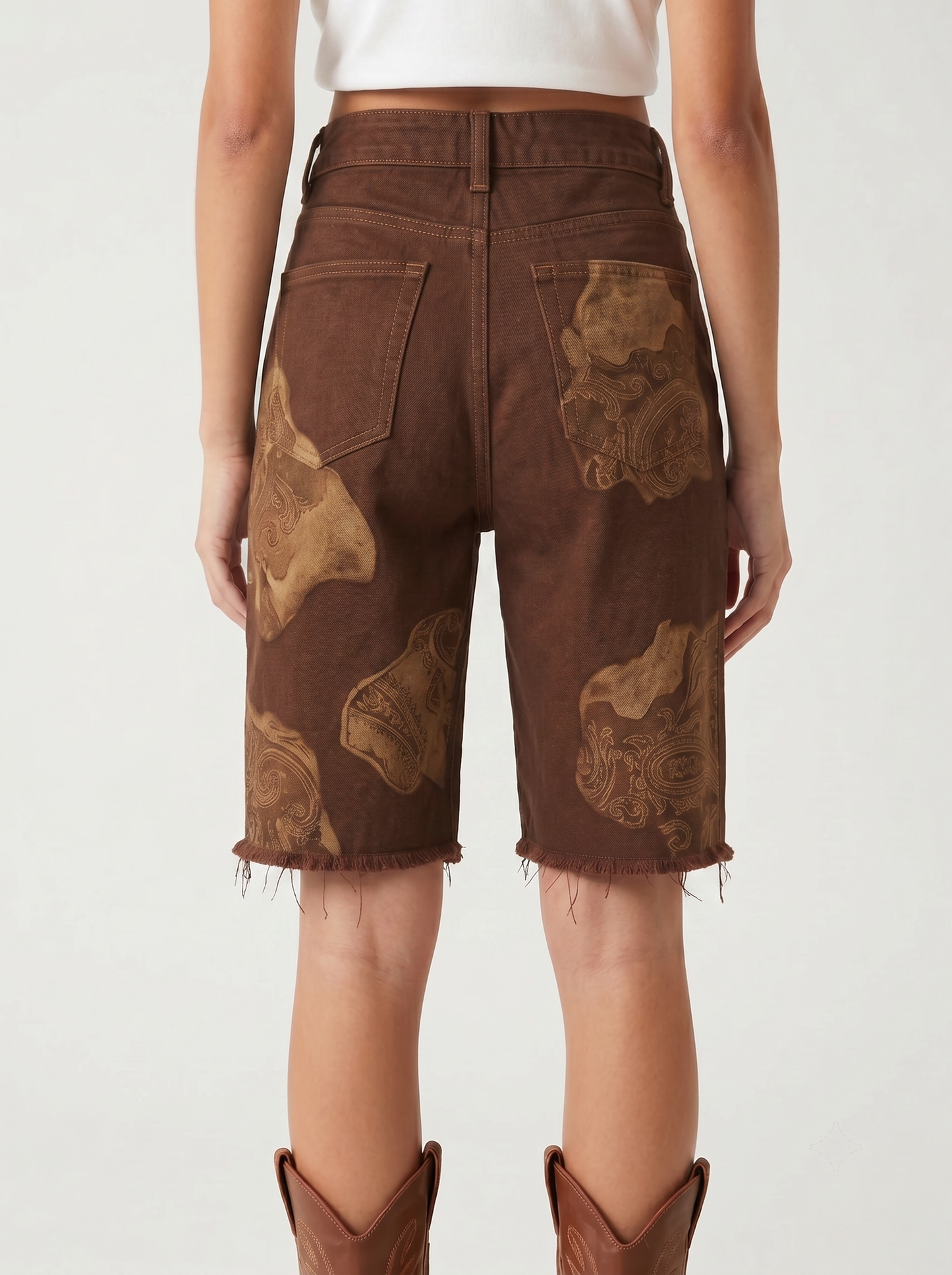 Copper Medallion Bloom Denim Shorts – Back View – Riley – Warm Brown