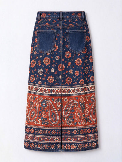 Frontier Bandana Bloom Denim Midi Skirt