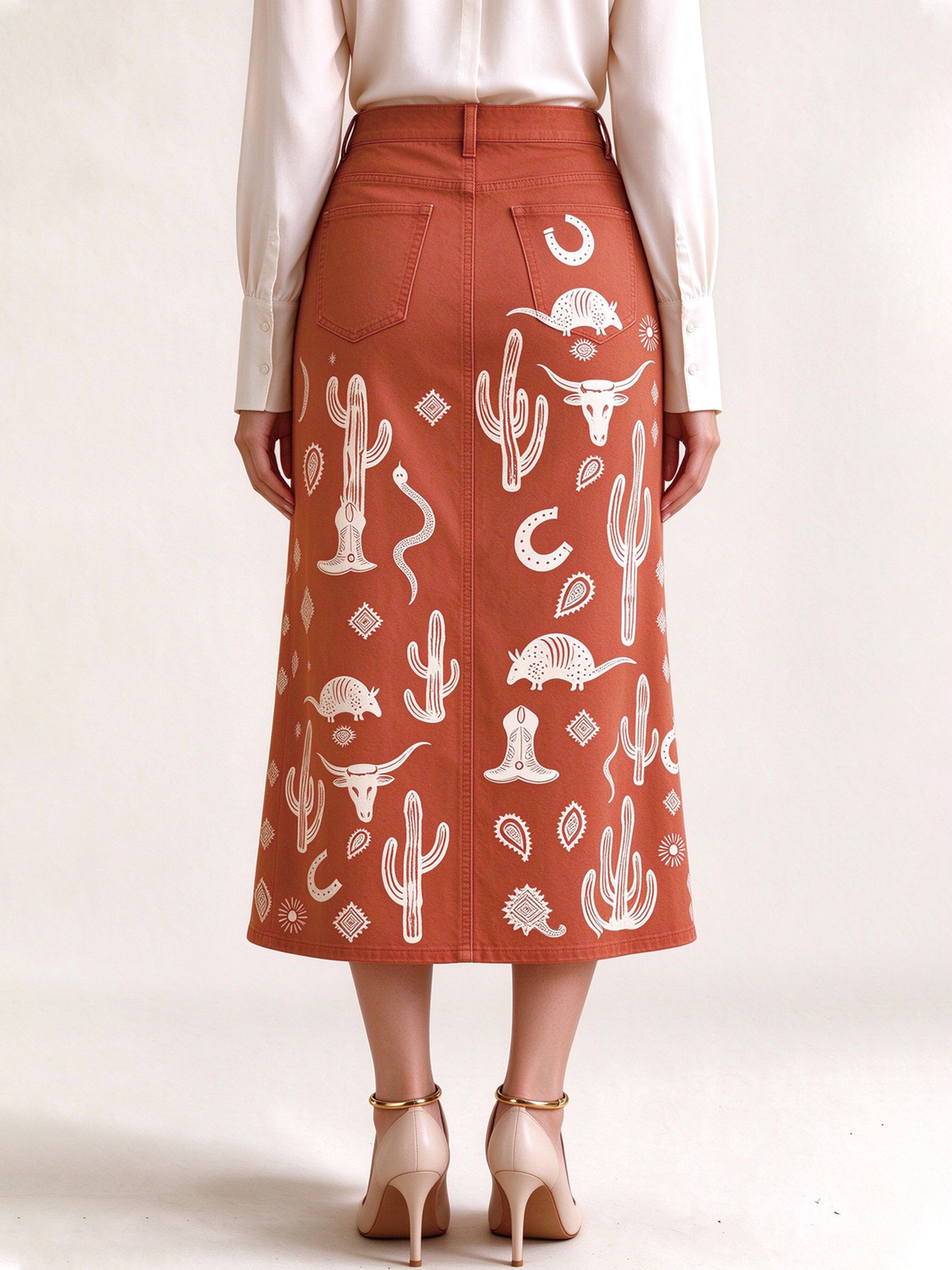 Desert Mirage 976 Western Denim Midi Skirt – Back View – Riley – Terracotta